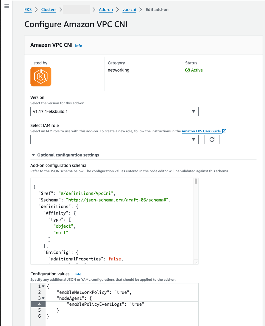 
                  선택적 구성에서 네트워크 정책을 포함한 VPC CNI 추가 기능과 CloudWatch Logs를 보여주는 AWS Management Console.
                