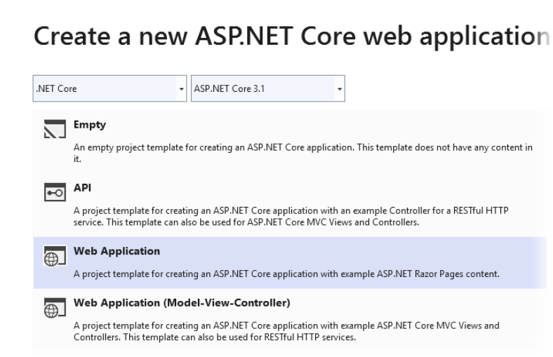 Visual Studio 새 ASP.NET Core 웹 애플리케이션 생성 대화 상자 페이지 스크린샷