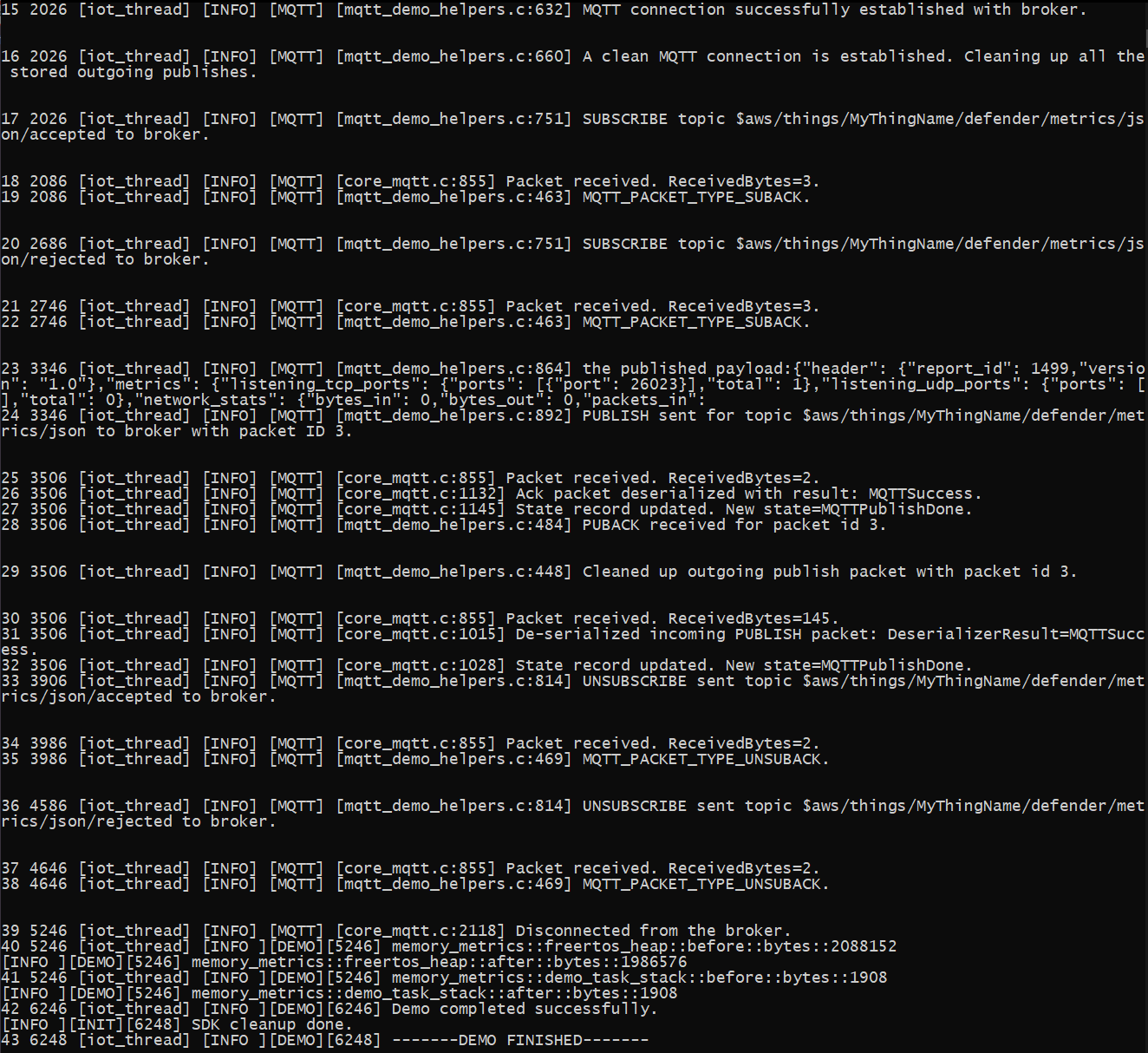 Console output showing MQTT connection, subscription, publish, and disconnect operations with timestamps.