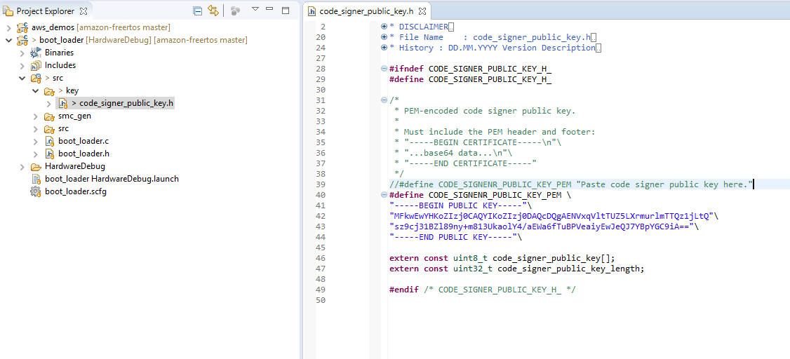 Code editor showing a header file with a PEM-encoded public key definition.