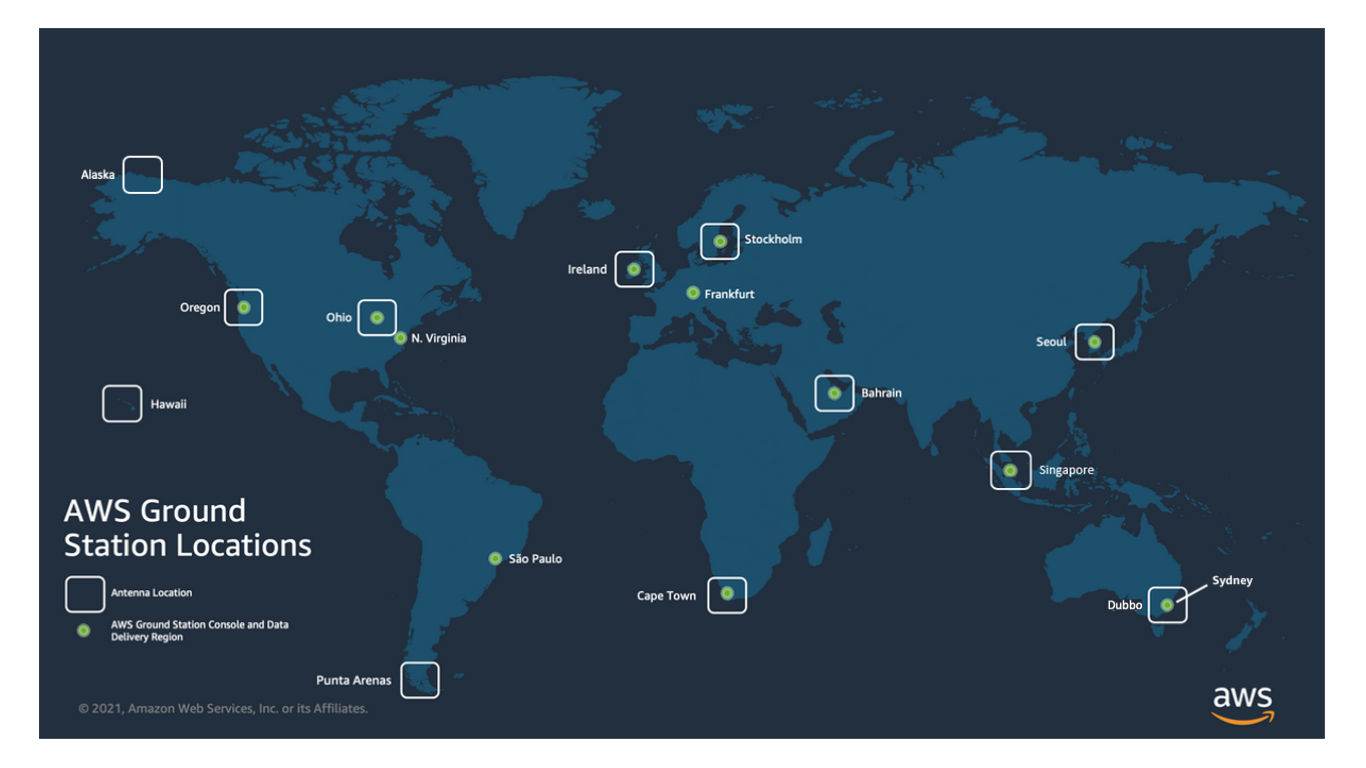 World map showing AWS Ground Station locations across multiple regions and countries. (AI generated)