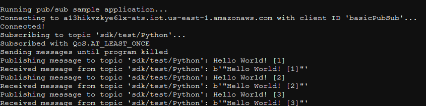 AWS IoT 콘솔 빠른 시작 예제 프로그램 출력.