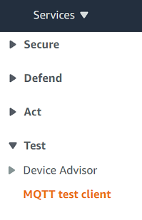 
                            왼쪽 탐색의 콘솔 메뉴에서 MQTT 테스트 클라이언트를 선택합니다.
                        