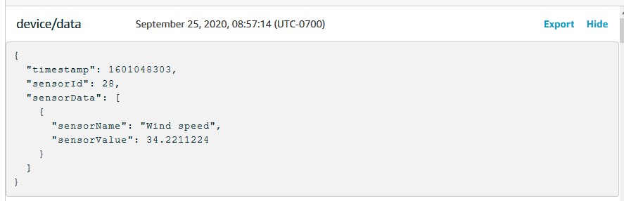 JSON 메시지 페이로드가 AWS IoT 콘솔의 MQTT 클라이언트에 표시되는 방식을 보여주는 이미지.