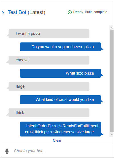 피자 봇에서 피자를 주문하기 위한 대화.
