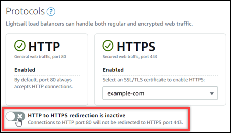 로드 밸런서에 HTTP에서 HTTPS로의 리디렉션을 활성화 또는 비활성화하는 토글