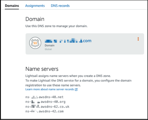Lightsail 콘솔의 DNS 영역 이름 서버.