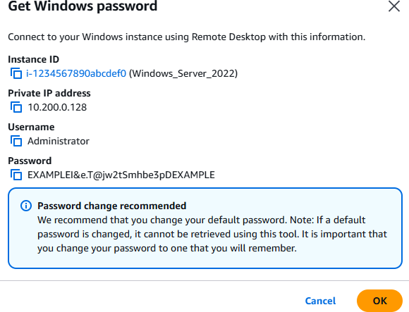 Amazon EC2 콘솔의 복호화된 Windows 기본 관리자 암호.