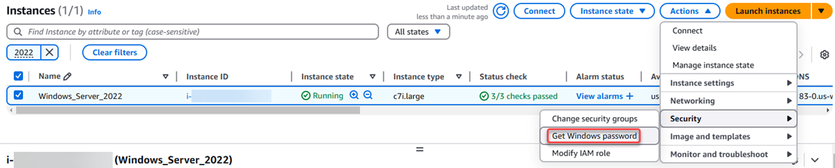 Amazon EC2 콘솔의 Windows Server 기본 관리자 암호 가져오기.