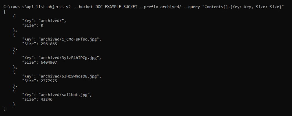 2 명령의 AWS CLI list-objects-v 결과