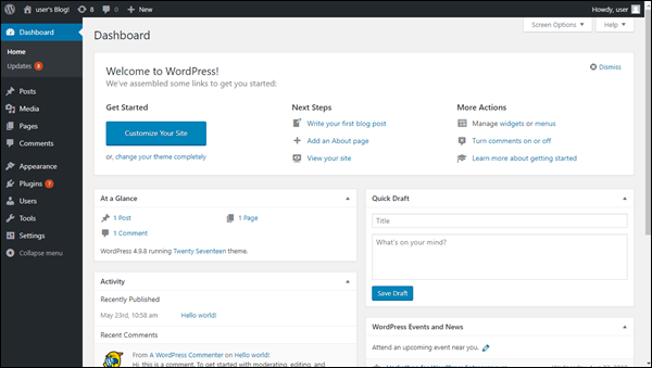 WordPress 관리 대시보드