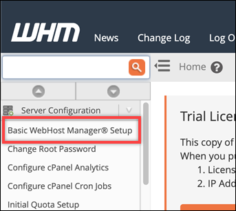 탐색 창의 기본 WebHost 관리자 설정 옵션.