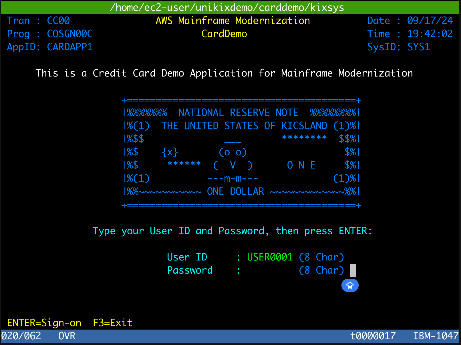 CardDemo 의 기본 화면. Mainframe Modernization을 위한 Credit CardDemo 애플리케이션임을 표시합니다. 사용자 ID와 암호를 입력하도록 요청합니다.