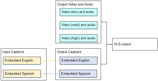 Diagram showing video/audio outputs at different resolutions and caption inputs/outputs in English and Spanish.