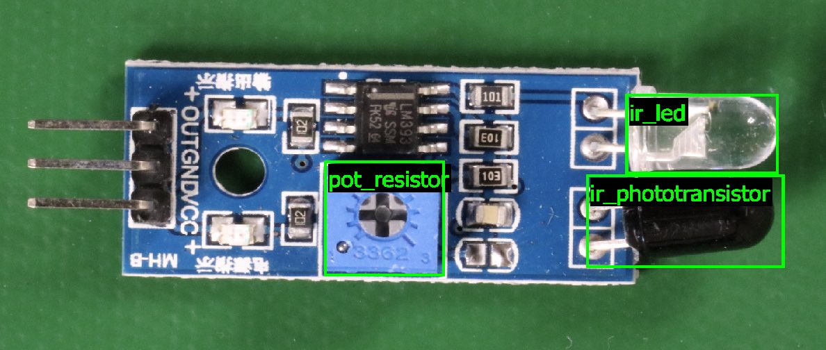 조정용 IR LED, 포토 트랜지스터 및 전위차계가 있는 회로 기판.
