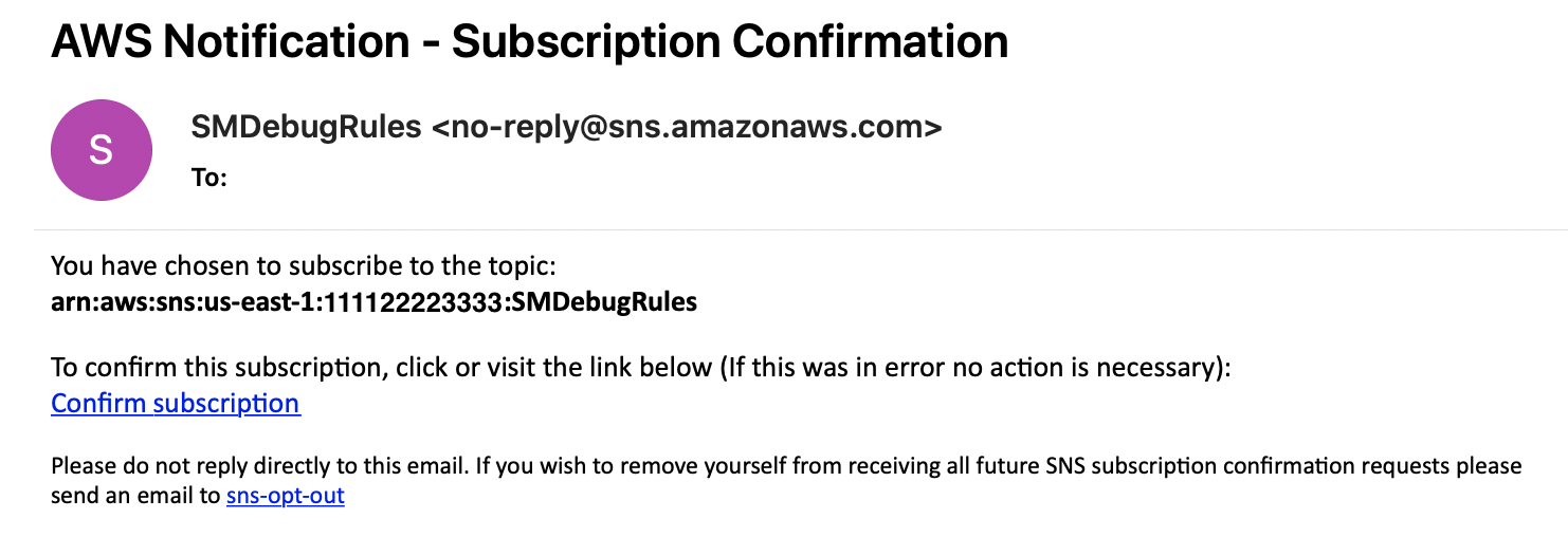 Amazon SNS SM DebugRules 주제에 대한 구독 확인 이메일 메시지입니다.