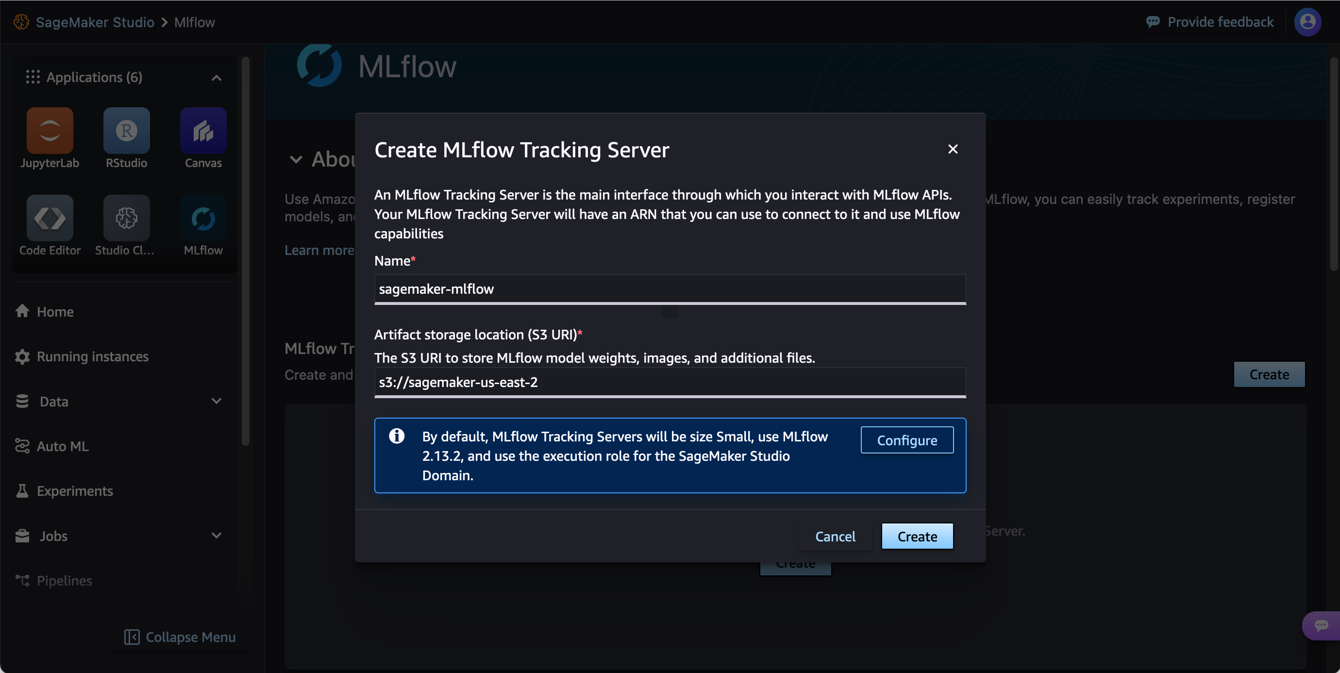 스튜디오 UI의 MLFlow 추적 서버 생성 프롬프트.