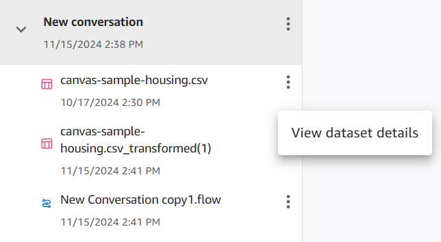 Q Developer 채팅의 사이드바에 표시된 데이터 세트 및 변환된 데이터 세트인 아티팩트입니다.