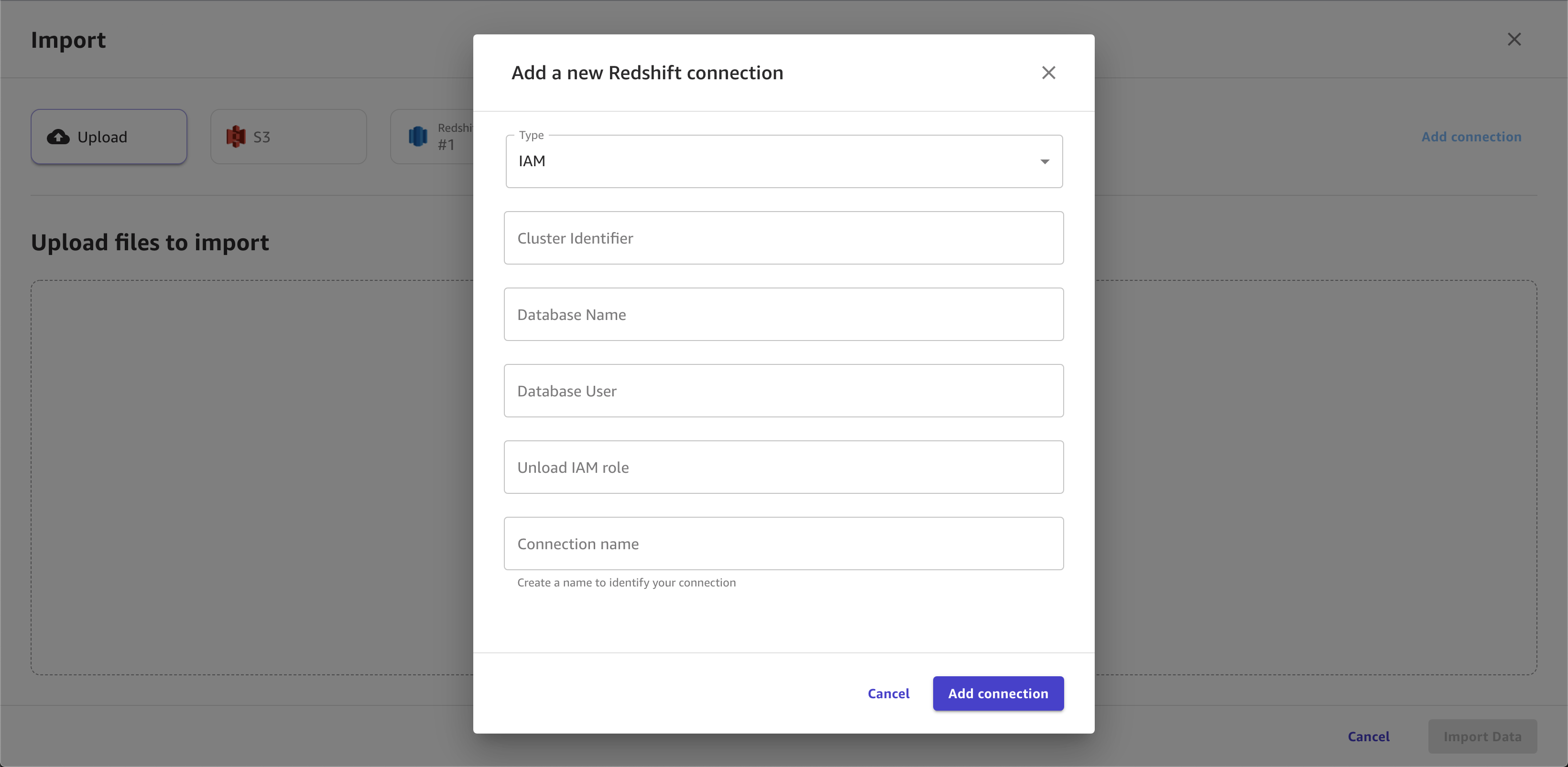 캔버스에 새 Redshift 연결 추가 대화 상자의 스크린샷.