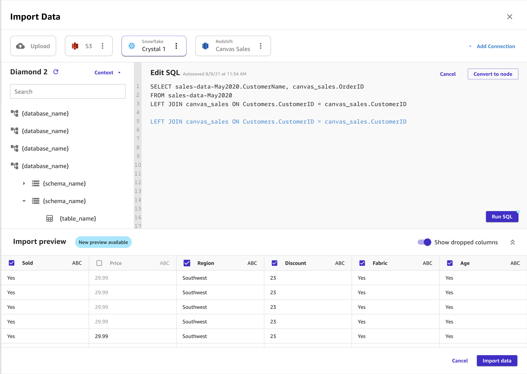 Canvas의 가져오기 페이지에 있는 편집 SQL 편집기의 SQL 쿼리 스크린샷