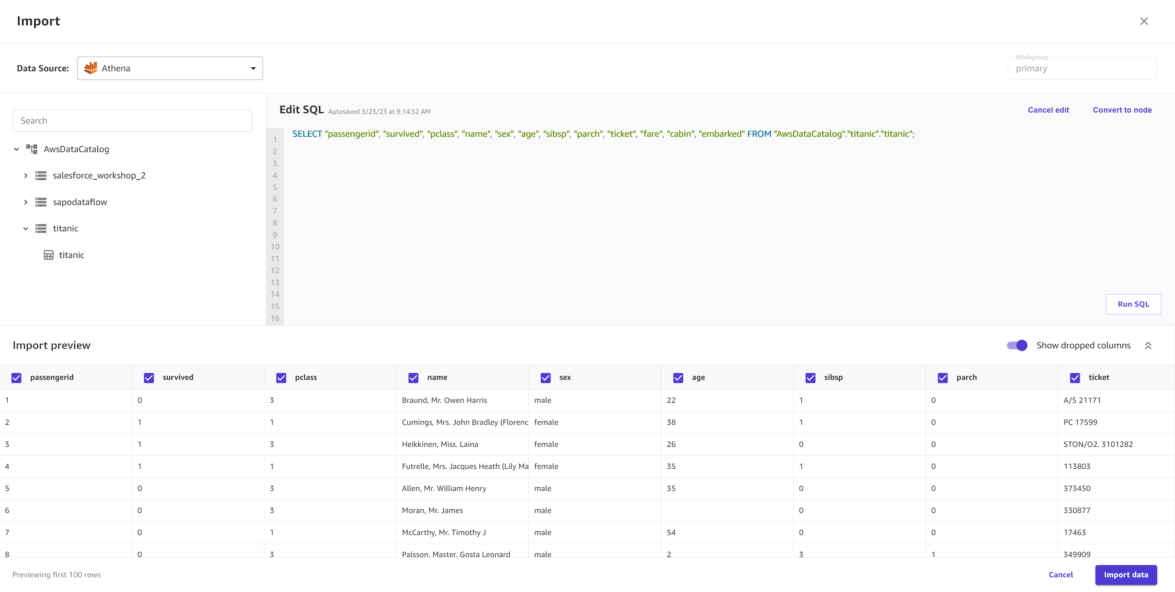 Amazon Athena 데이터에 대한 SQL 편집 보기의 SQL 쿼리를 보여주는 스크린샷입니다.