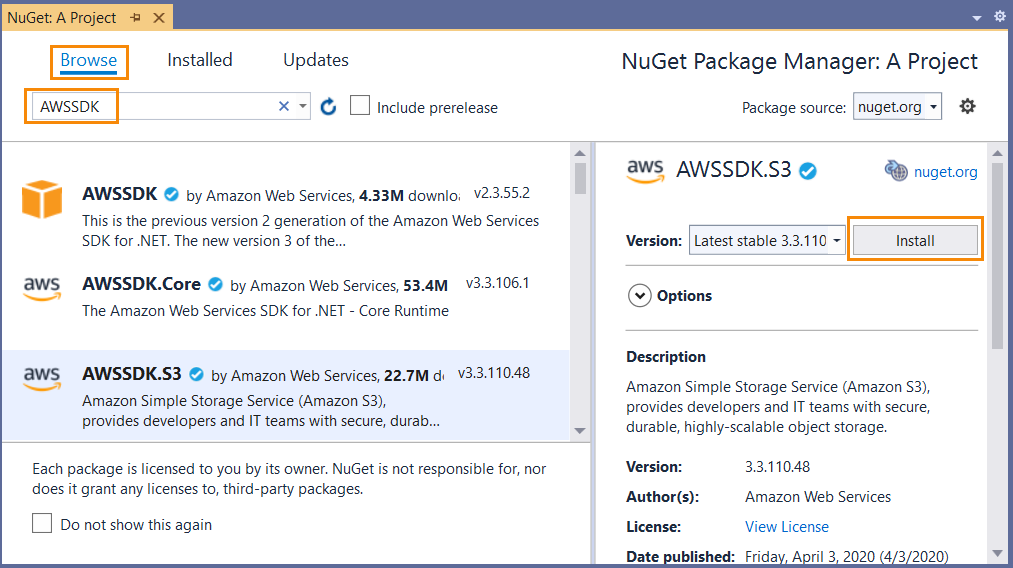                          AWSSDK Core Runtime package and dependency on :code:`AWSSDK.Core` assembly shown in Manage NuGet Packages dialog                      