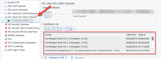 SSL 클라이언트 표준 PSE의 인증서 목록 예.