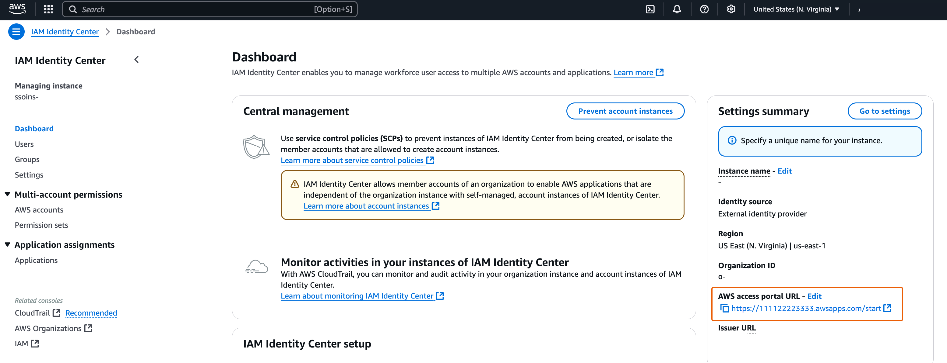 i단계, IAM Identity Center 콘솔에서 AWS 액세스 포털 URL 복사.
