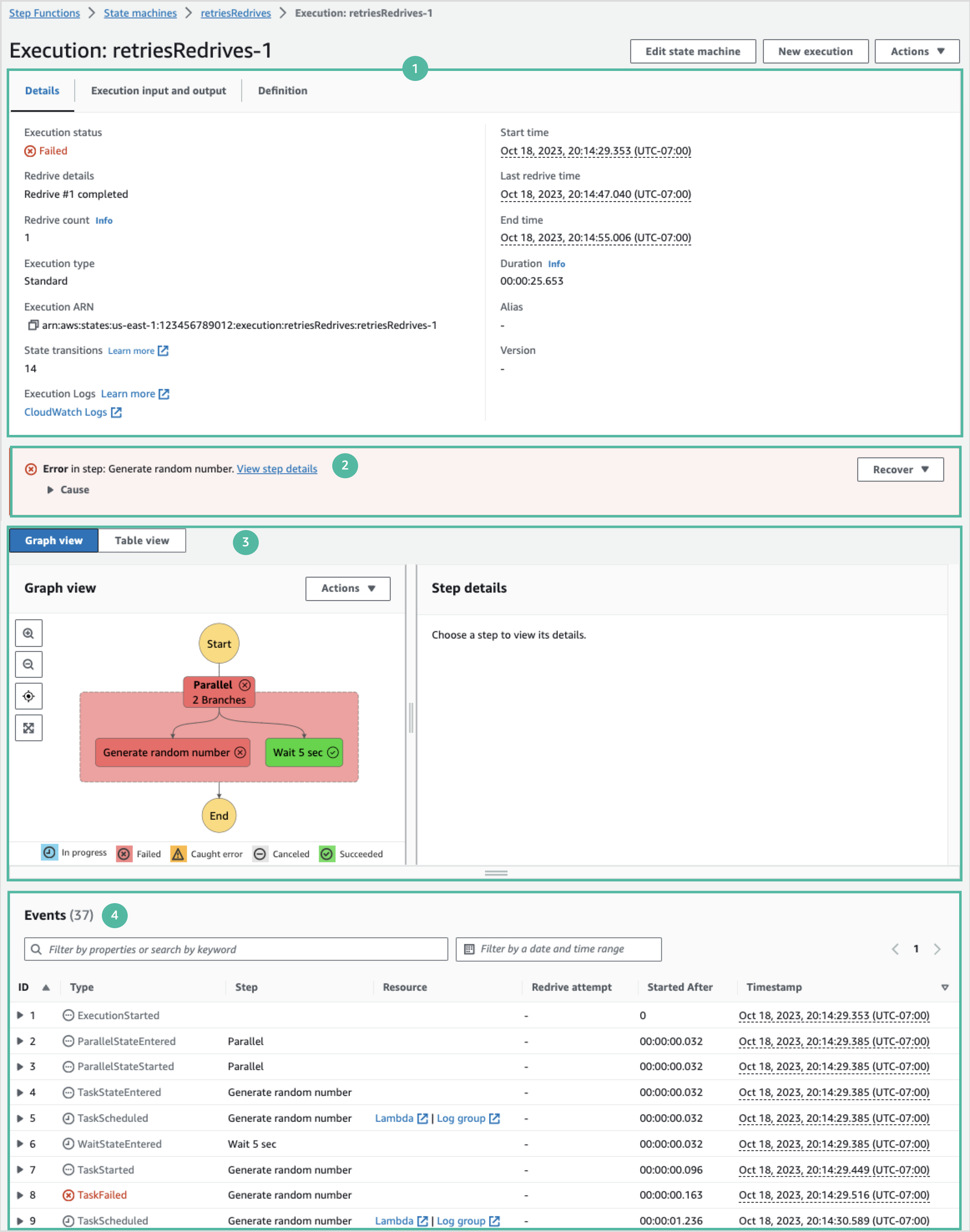 Step Functions 실행 세부 정보 페이지 인터페이스에는 실행 요약, 워크플로 보기 및 분할 패널 등 섹션 3개가 표시됩니다. 실행 요약 섹션에는 완료된 상태 시스템 실행에 대한 실행 요약이 간략하게 표시됩니다. 보기 모드 섹션에서 그래프 보기 탭을 선택합니다. 그래프 보기의 GetActivityTask 단계는 상태 시스템 워크플로에서 선택되고 오른쪽에 표시된 단계 세부 정보에는 선택한 단계의 입력 및 출력 세부 정보가 표시됩니다.