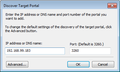 IP 주소 또는 DNS 이름 및 포트 필드가 표시된 대상 포털 검색 대화 상자입니다.