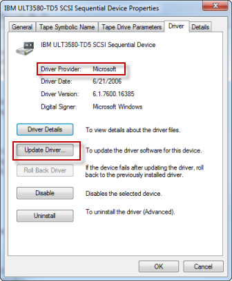 드라이버 공급자와 업데이트 드라이버가 강조 표시되어 있는 Windows 테이프 드라이브 속성 대화 상자입니다.
