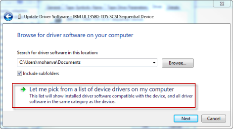 목록에서 직접 선택 옵션이 강조 표시된 Windows 업데이트 드라이버 소프트웨어 대화 상자입니다.