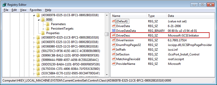 Microsoft iscsi 이니시에이터 값이 포함된 driverdesc 설명 문자열을 보여주는 Windows 레지스트리 편집기입니다.