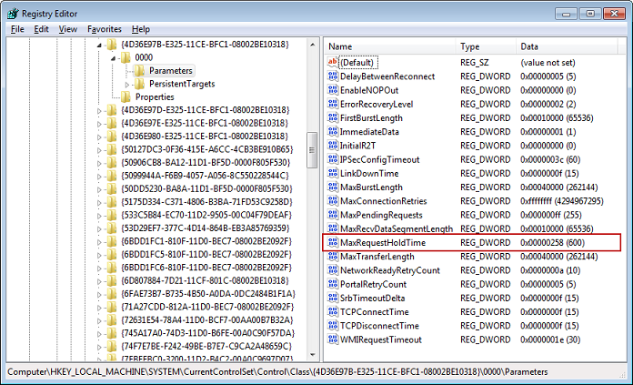 MaxRequestHoldTime dword 값이 600으로 표시되어 있는 Windows 레지스트리 편집기입니다.