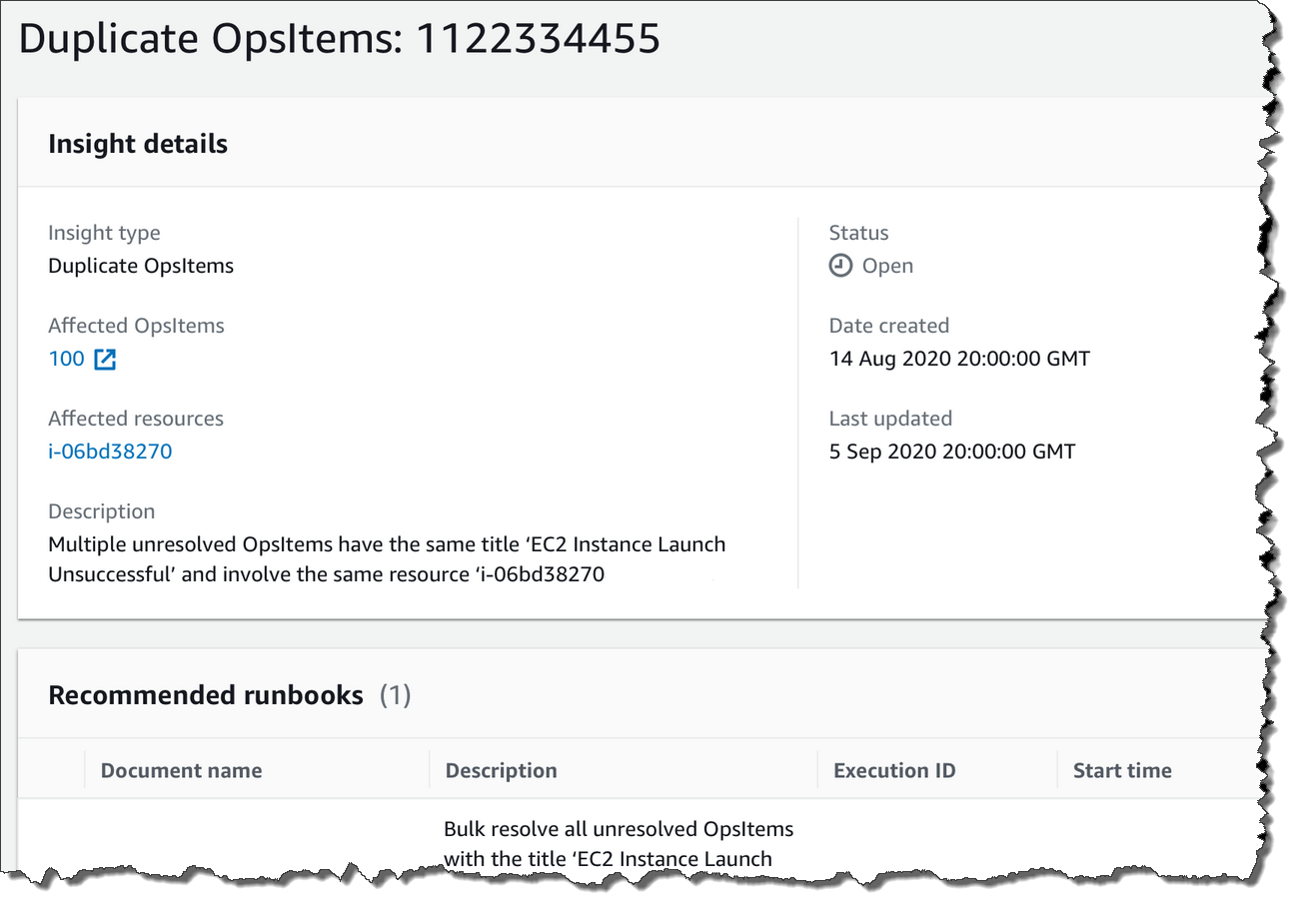 OpsItems에 대한 정보가 포함된 OpsCenter 인사이트의 세부 정보 보기입니다.