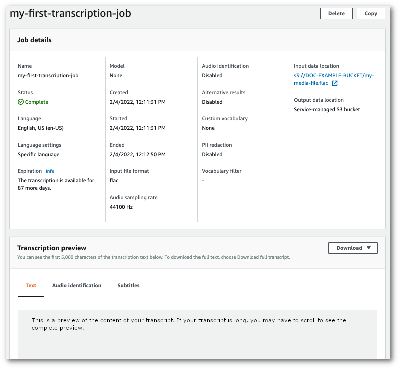 
                        Amazon Transcribe콘솔 스크린샷: 서비스 관리 버킷의 트랜스크립션 요약 페이지입니다.
                    