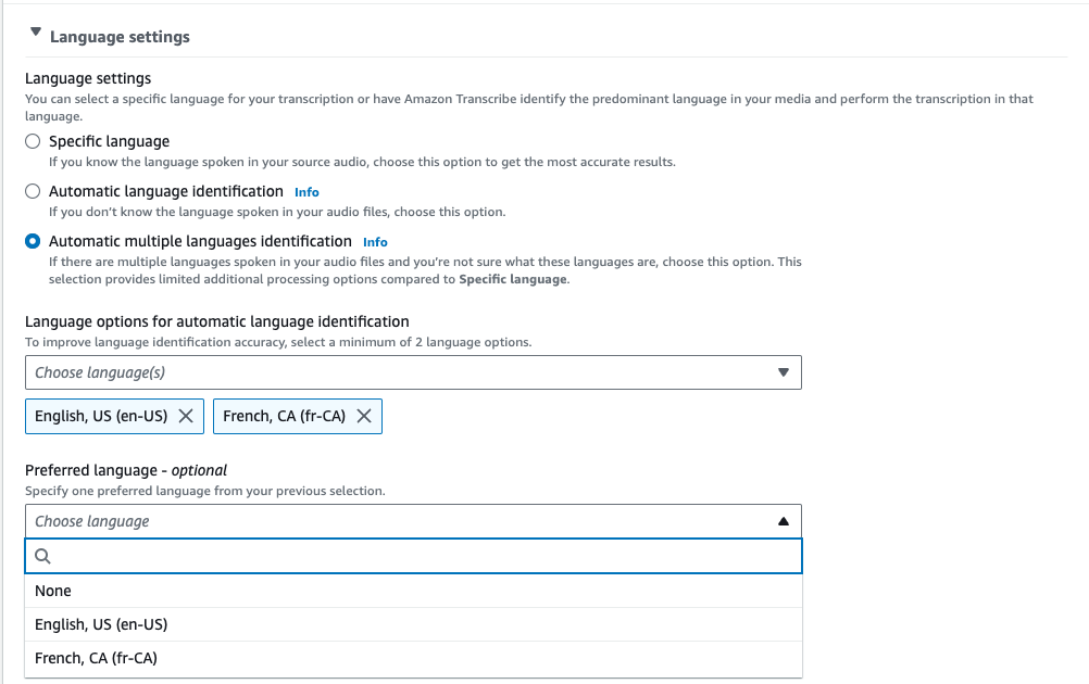 Amazon Transcribe 콘솔 스크린샷: 언어 코드 선택 드롭다운 메뉴.