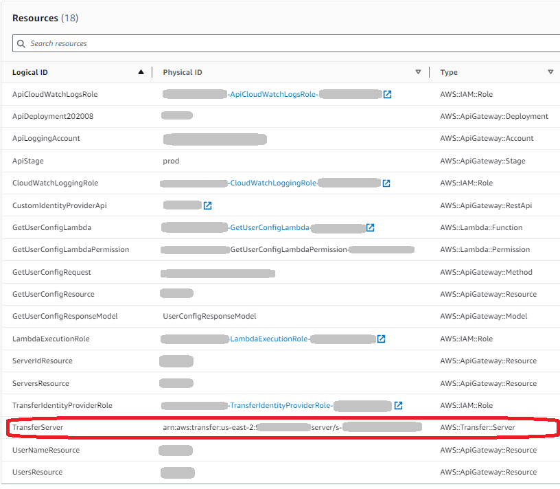 
                        Transfer Family 서버의 세부 정보가 강조 표시된 상태로 AWS CloudFormation 스택을 생성하는 동안 생성된 리소스 목록을 보여주는 화면입니다.
                    