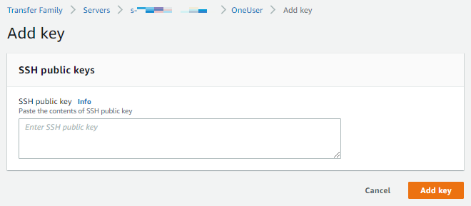 공개 키를 추가하기 위한 Add key 페이지를 보여주는 AWS Transfer Family 콘솔.