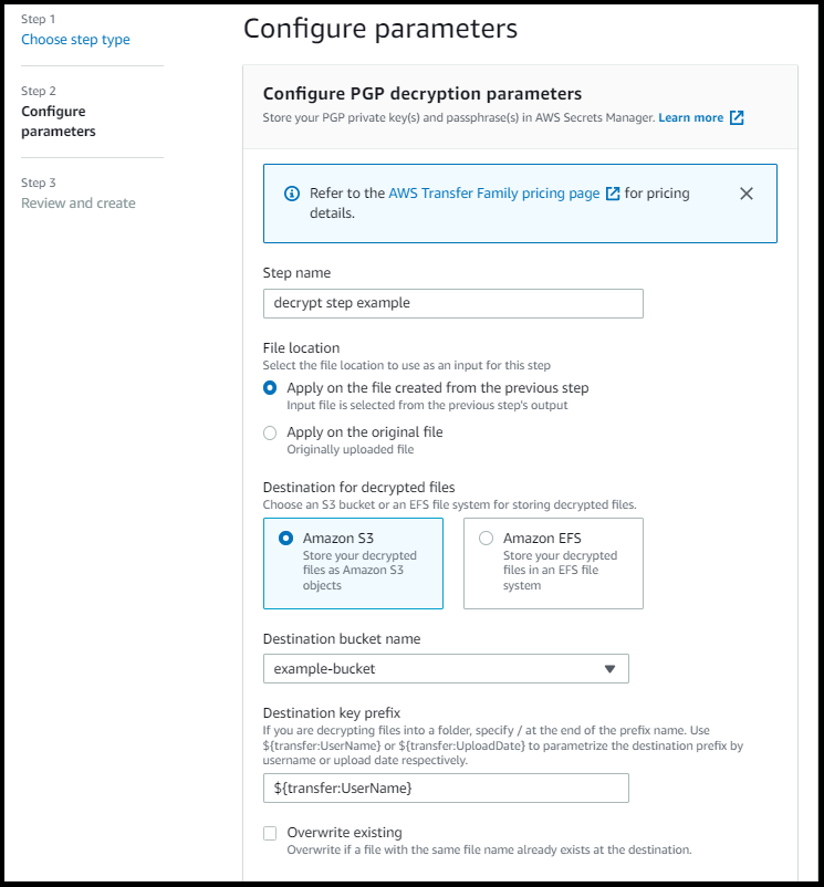 샘플 값과 함께 PGP 복호화 매개변수 구성 섹션을 보여주는 AWS Transfer Family 콘솔.