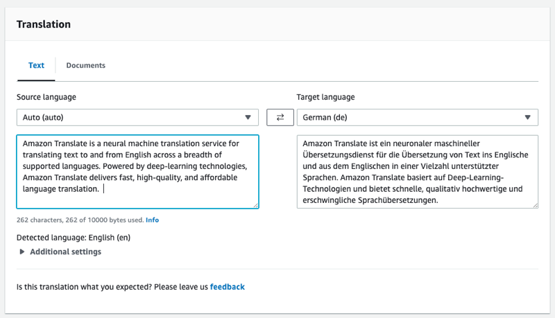 Amazon Translate API Explorer의 텍스트 번역 페이지.
