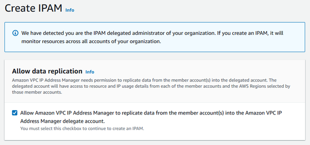 Amazon IP Address Manager가 소스 계정에서 IPAM 위임 계정으로 데이터를 복제하도록 허용 확인란에 대한 설명이 포함된 IPAM 페이지를 IPAM 콘솔에서 생성합니다.