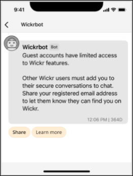 게스트 사용자를 위한 Wickrbot 메시지.