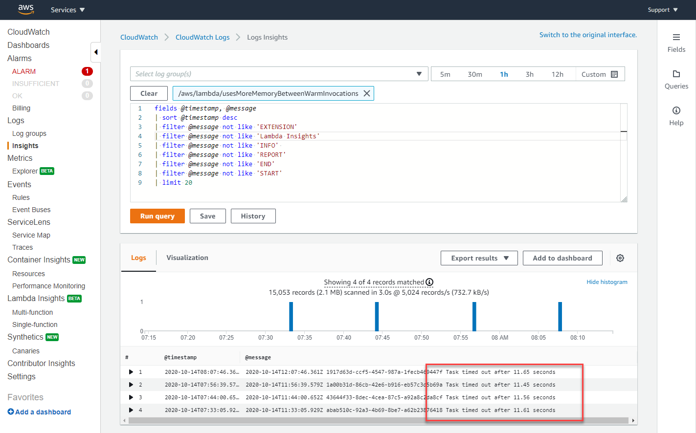 Lambda 함수의 타임아웃 오류를 보여주는 CloudWatch Logs Insights 쿼리 결과.