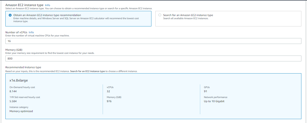 
                        Console screenshot that shows the recommended EC2 instance
                            type.
                    