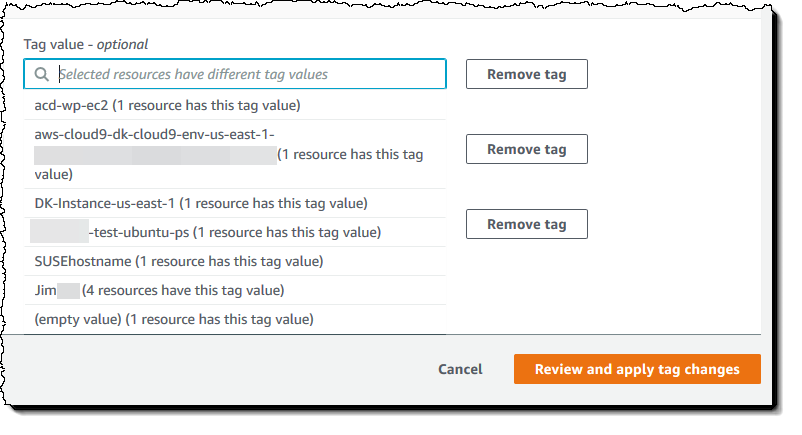 
                        Página Gerenciar tags, vários valores de tag para recursos selecionados.
                    