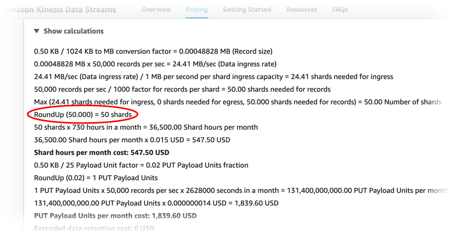 Exemplo no Amazon Kinesis Data Streams que mostra os fragmentos recomendados.