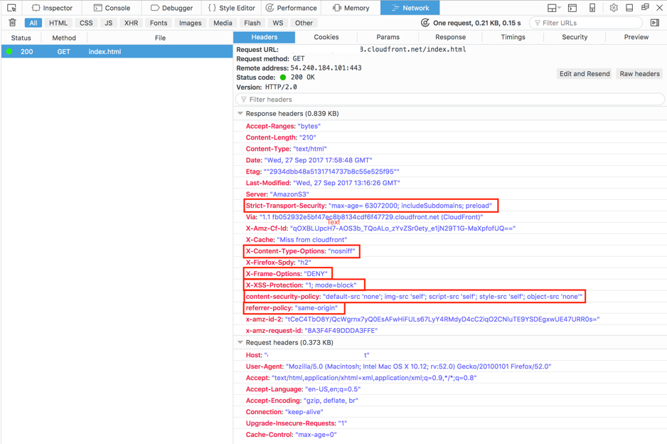 Os cabeçalhos de HTTP listam com os cabeçalhos de segurança em destaque esperados.