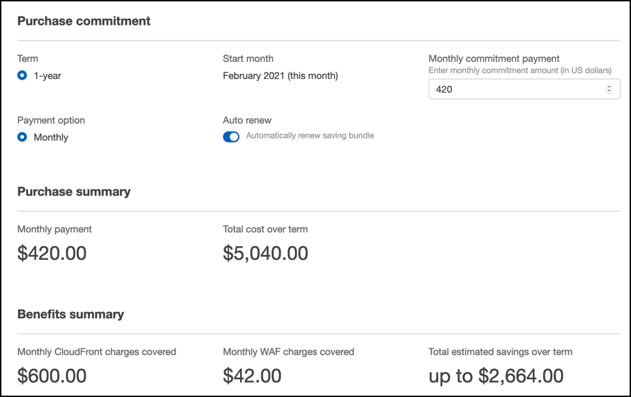 
                Resumo do compromisso de compra de um pacote de economia de  CloudFront  segurança no  CloudFront console.
            