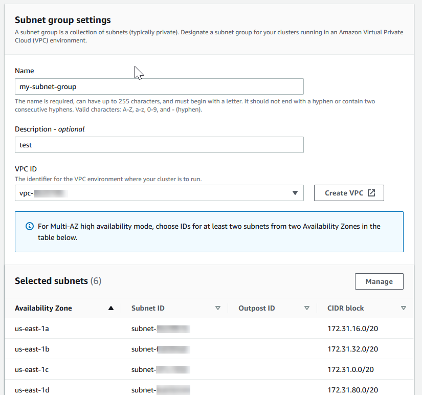 Imagem: tela Create Subnet VPC (Criar VPC de sub-rede)